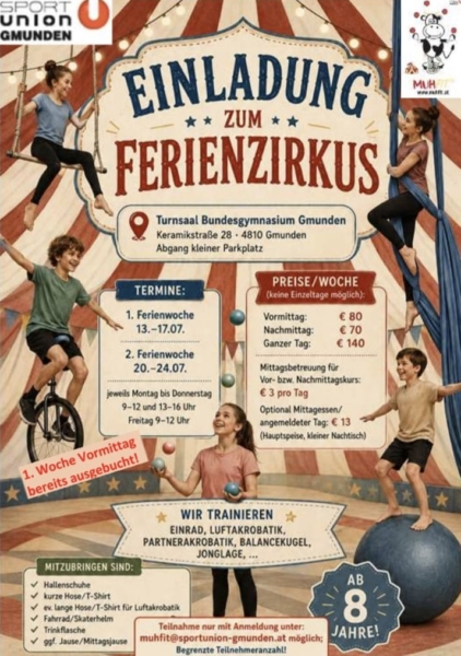 Einladung zum Ferienzirkus 2026 der Sportunion Gmunden
